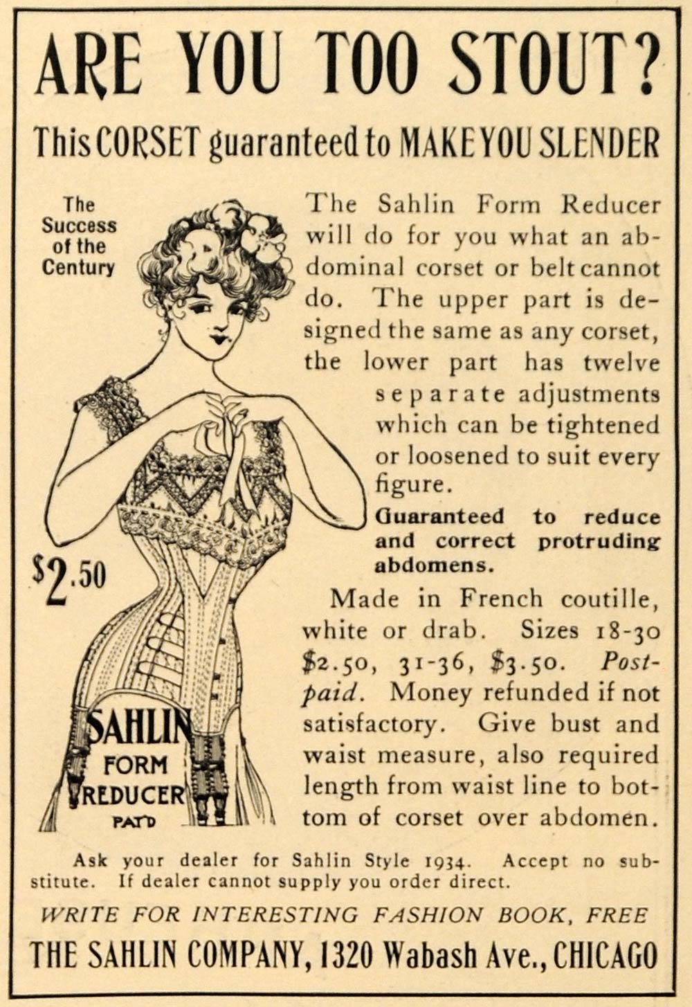 1907 Ad Stout Woen Sahlin Form Reducer Corset Fashion - ORIGINAL ADVERTISING GH3
