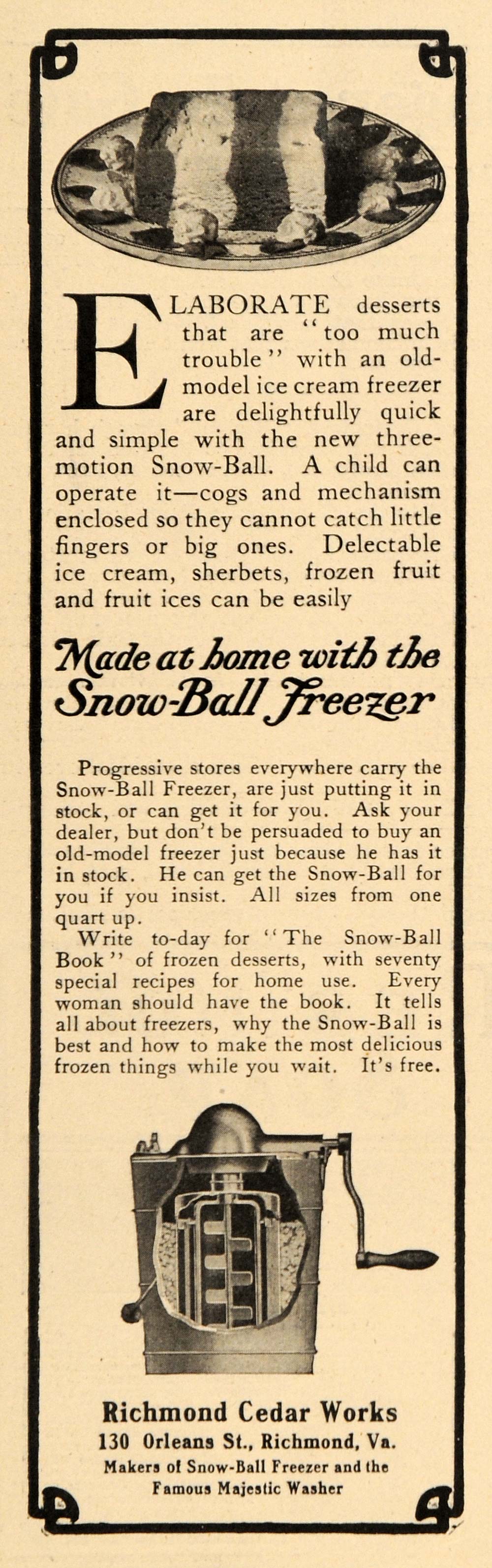 1907 Ad Richmond Cedar Works Snow-Ball Freezer Virginia - ORIGINAL GH3
