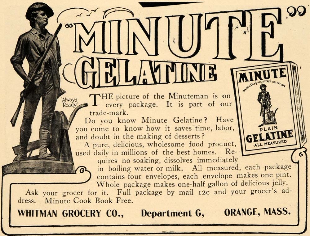 1907 Ad Minute Gelatine Box Minuteman Whitman Grocery - ORIGINAL ADVERTISING GH3