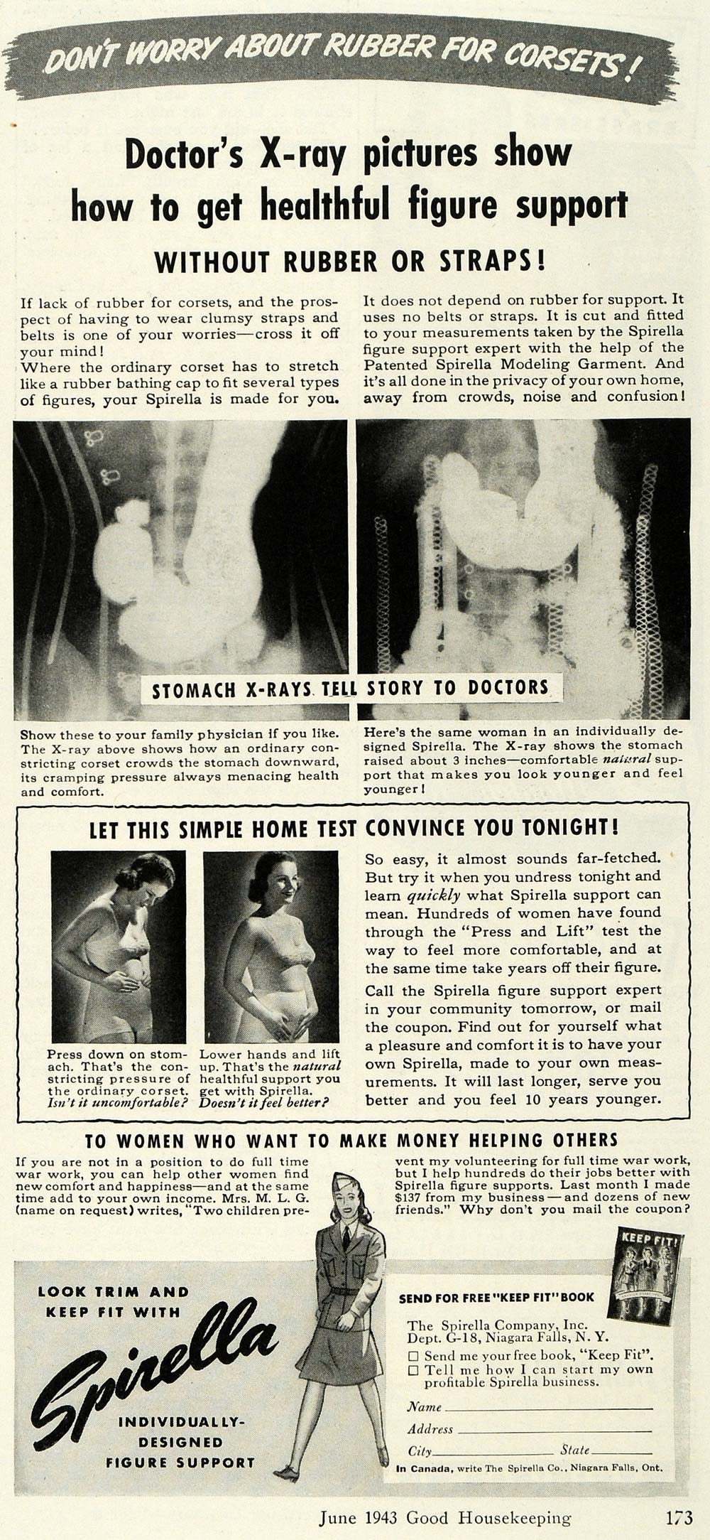 1943 Ad Corset Rubber X Rays Figure Supports Spirella - ORIGINAL ADVERTISING GH4