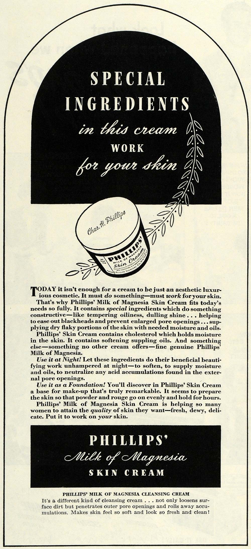 1943 Ad Milk Magnesia Skin Cream Chemical Cleanse Face - ORIGINAL GH4