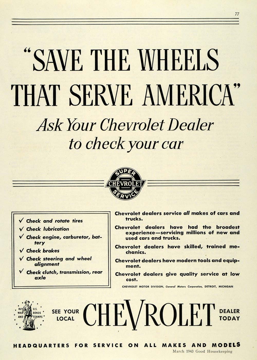 1943 Ad Chevrolet Dealer Wheel America Car Motor Tires - ORIGINAL GH4