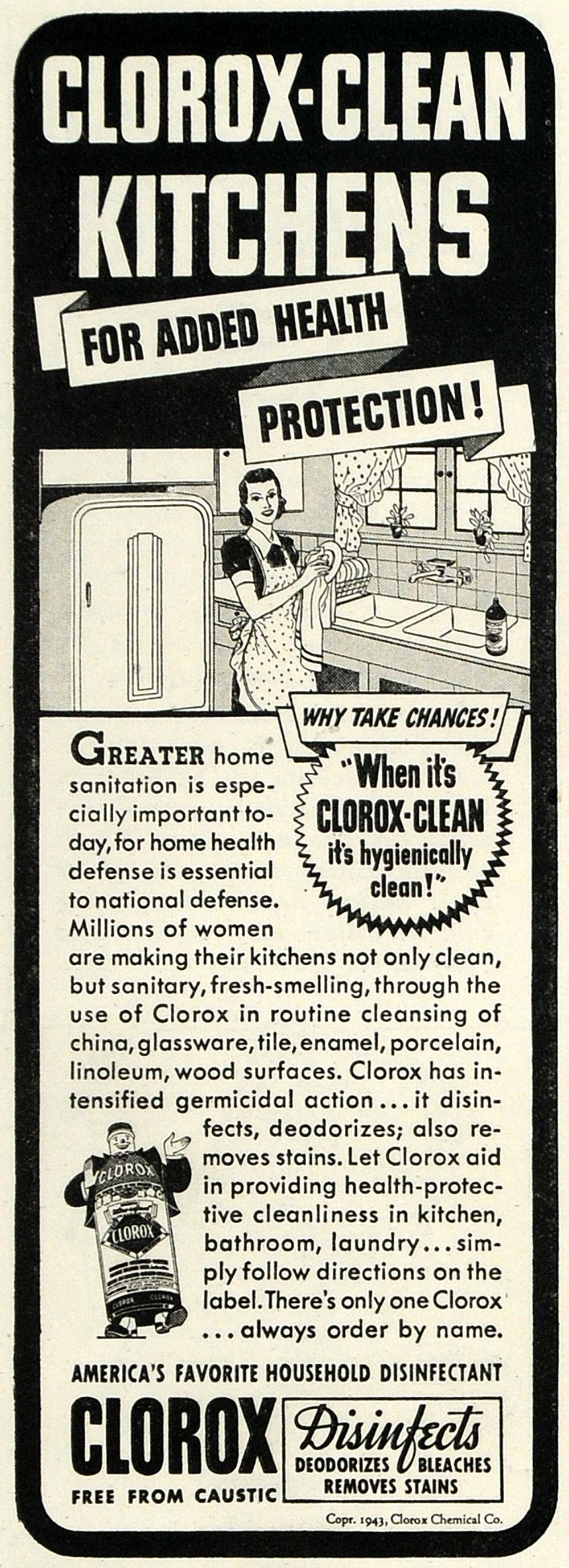 1943 Ad Clorox Kitchen Cleaner Health Protect Disinfect - ORIGINAL GH4