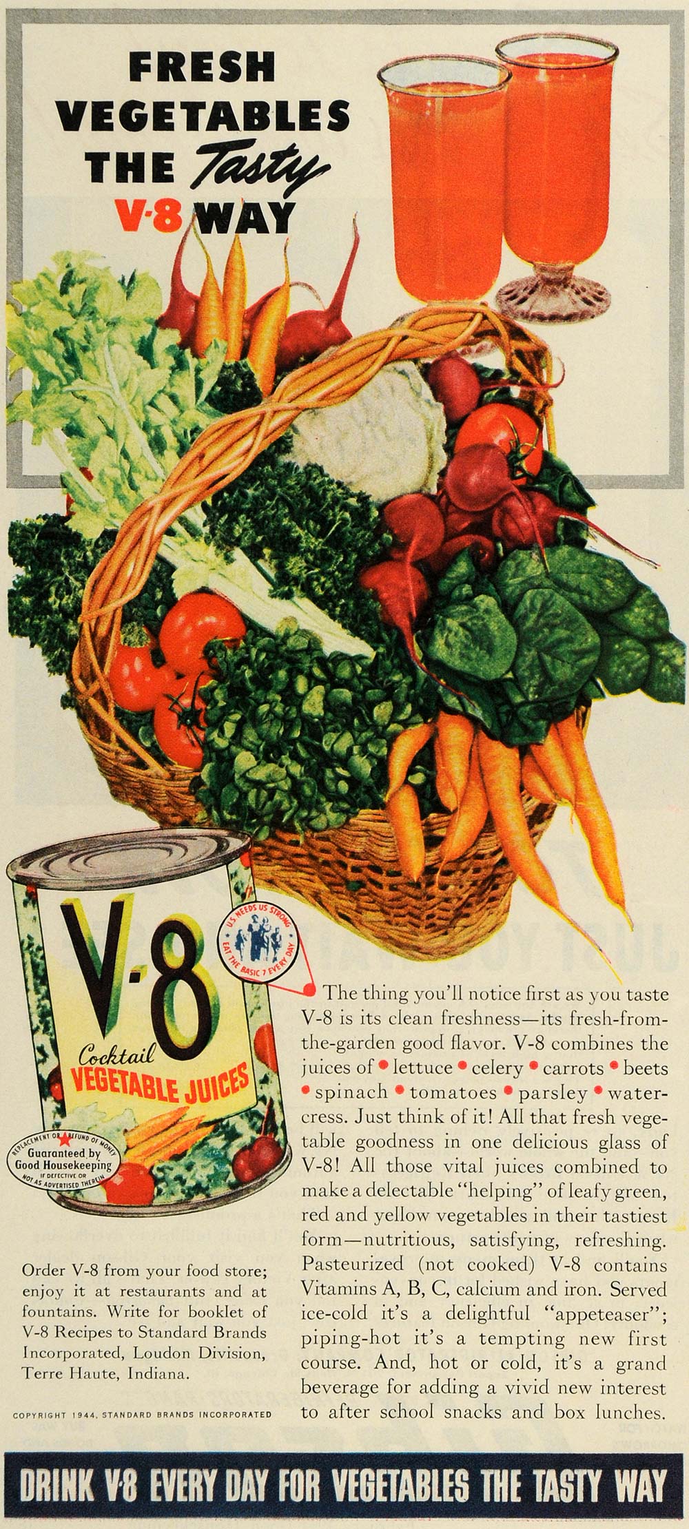 1944 Ad Standard Brands V-8 Cocktail Vegetable Fruit - ORIGINAL ADVERTISING GH4