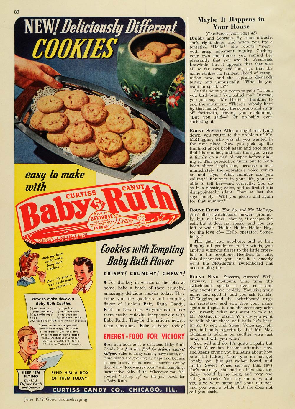 1942 Ad Curtiss Candy Baby Ruth Cookies Recipe Energy - ORIGINAL ADVERTISING GH4
