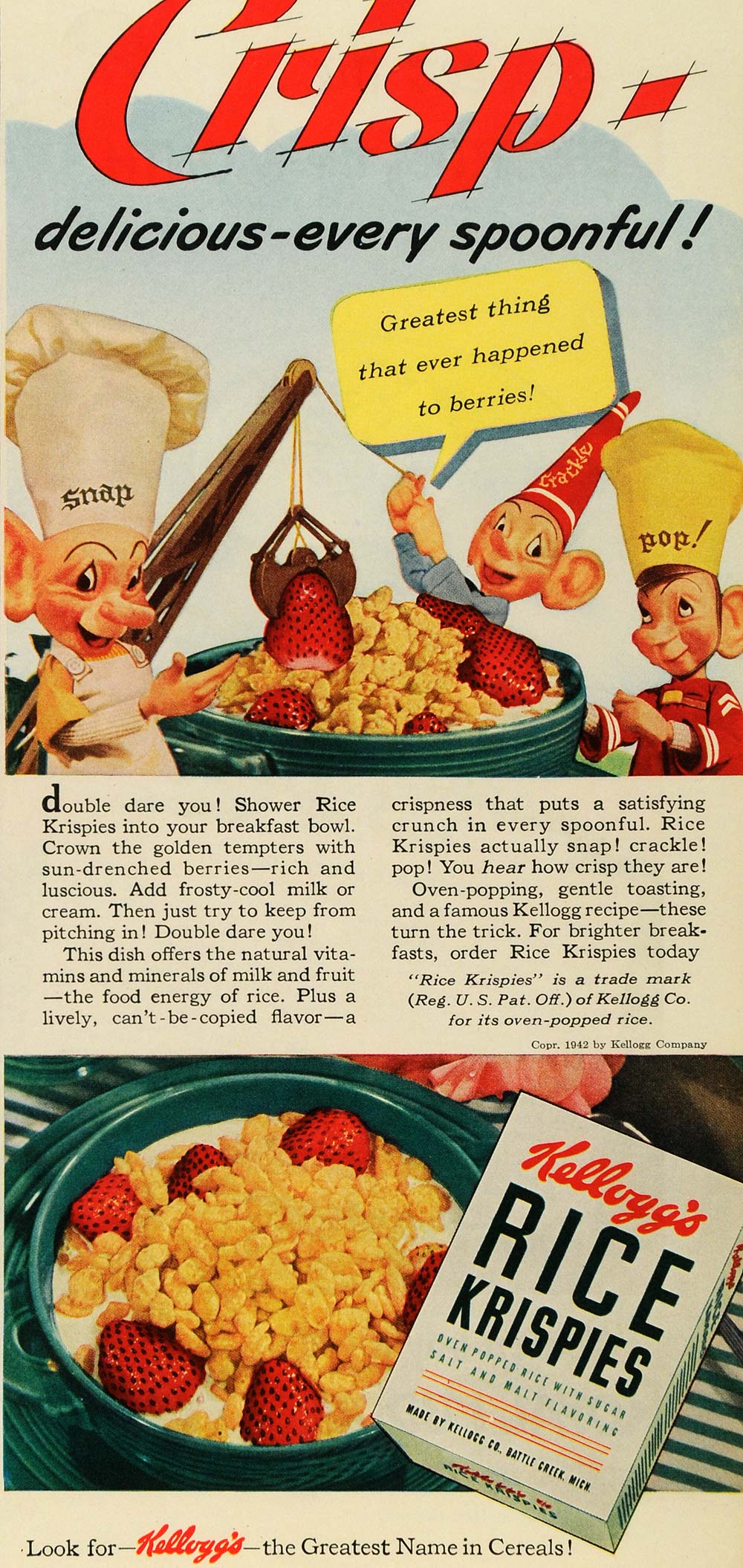 1942 Ad Vintage Snap Crackle Pop Kelloggs Rice Krispies - ORIGINAL GH4