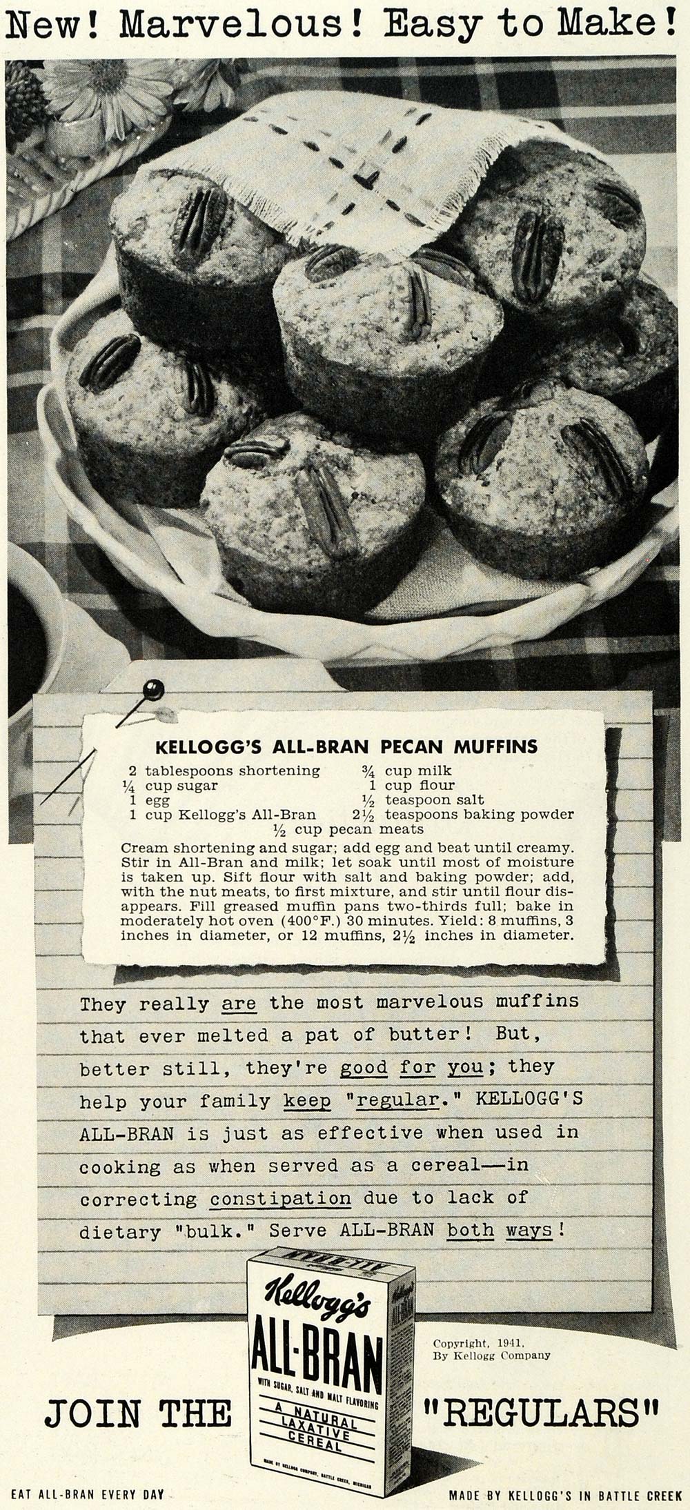 1941 Ad Kelloggs All-Bran Pecan Muffin Recipe Regulars - ORIGINAL GH4