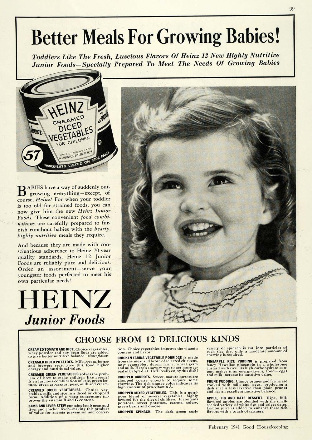 1941 Ad Heinz Junior Foods Creamed Diced Vegetables Can - ORIGINAL GH4