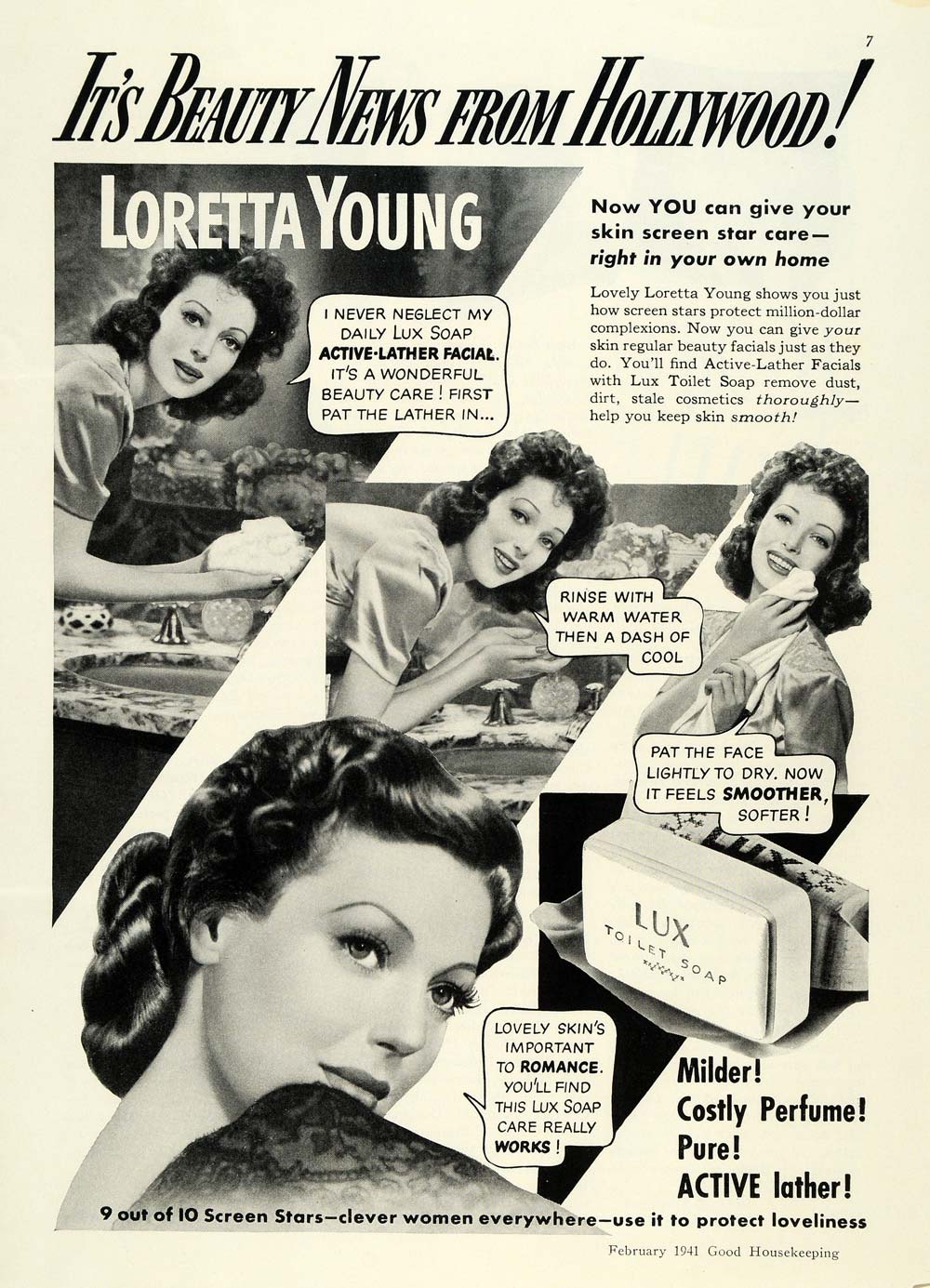 1941 Ad Loretta Young Lux Soap Bar Active Lather Facial - ORIGINAL GH4