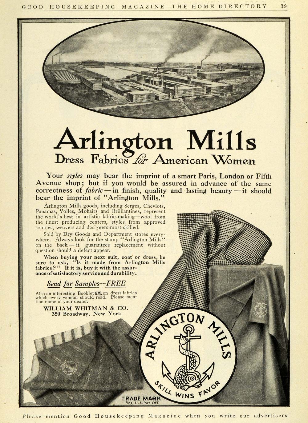1911 Ad Arlington Mills Factory Womens Dress Fabrics William Whitman GH4