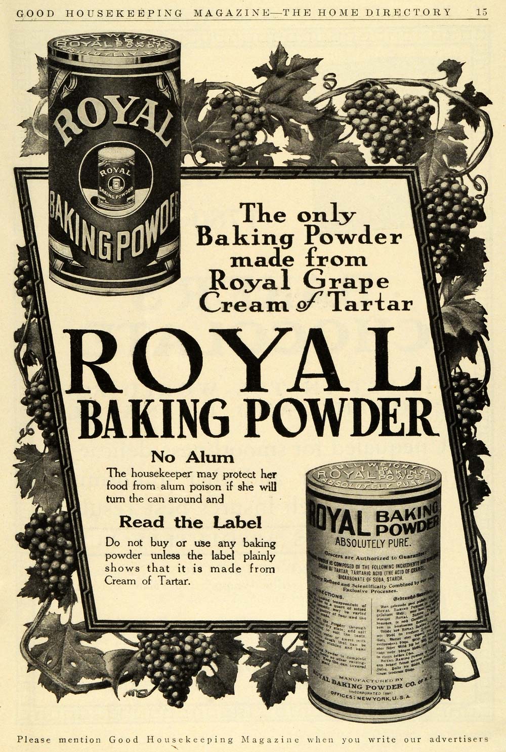 1911 Ad Royal Baking Powder Tin Varieties Grapes Alum Poisoning Cooking Bake GH4