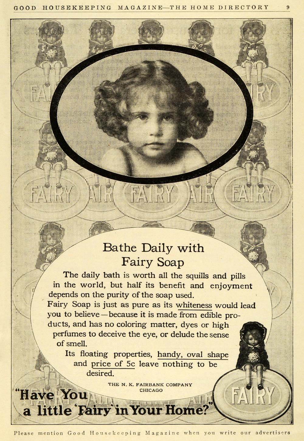 1911 Ad Fairy Soap N. K. Fairbank Personal Hygiene Whiteness Bathing GH4