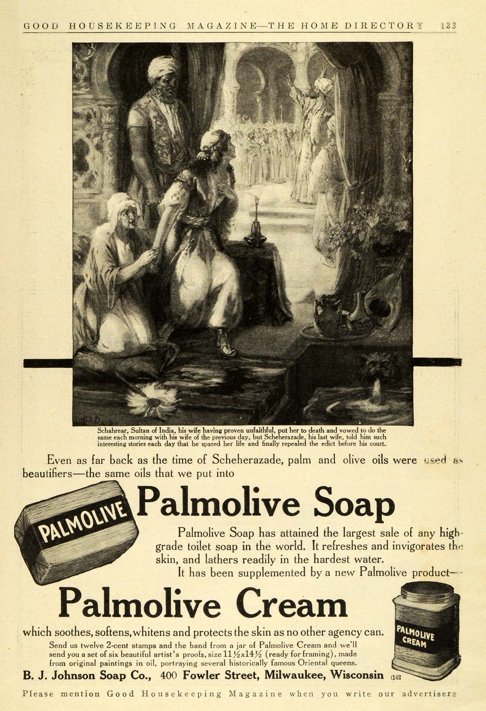 1911 Ad Palmolive Soap Cream Schahrear India Sultan Wife Scheherazade Skin GH4