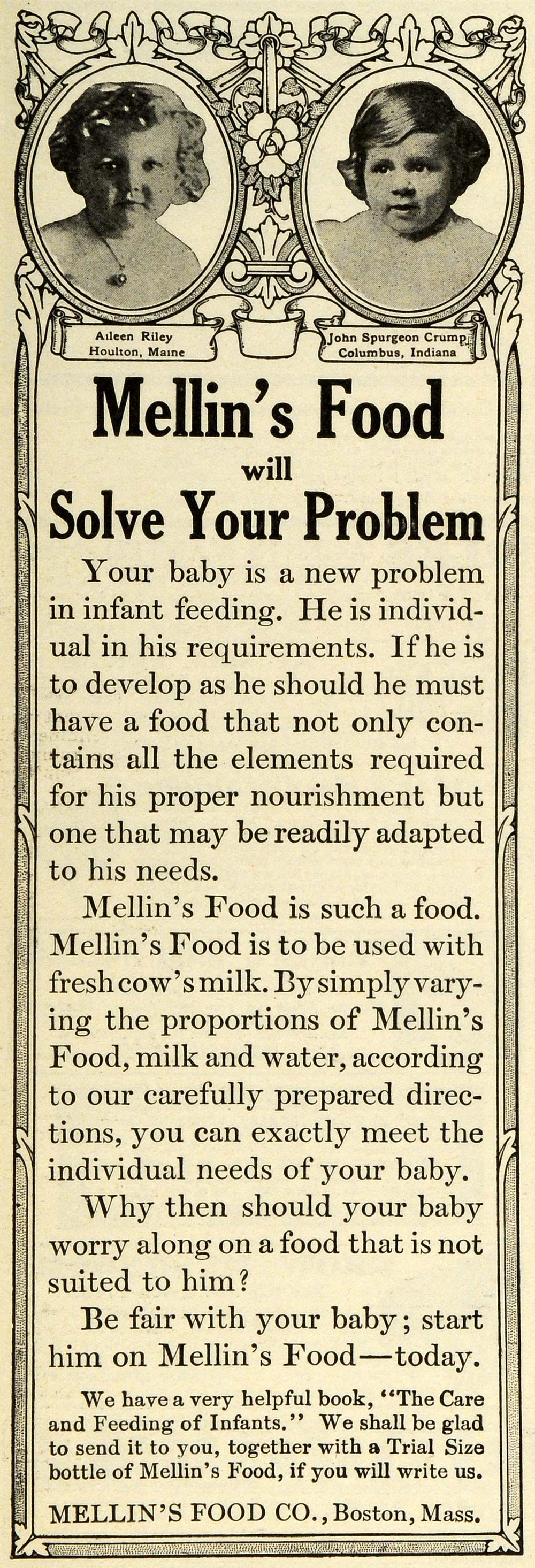 1911 Ad Mellins Baby Food Aileen Riley Houlton Maine John Spurgeon Crump GH4