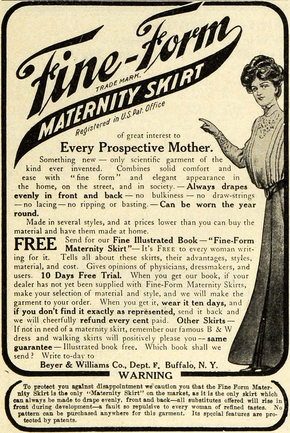 1911 Ad Beyer Williams Fine Form Maternity Skirt Victorian Fashion Clothing GH4