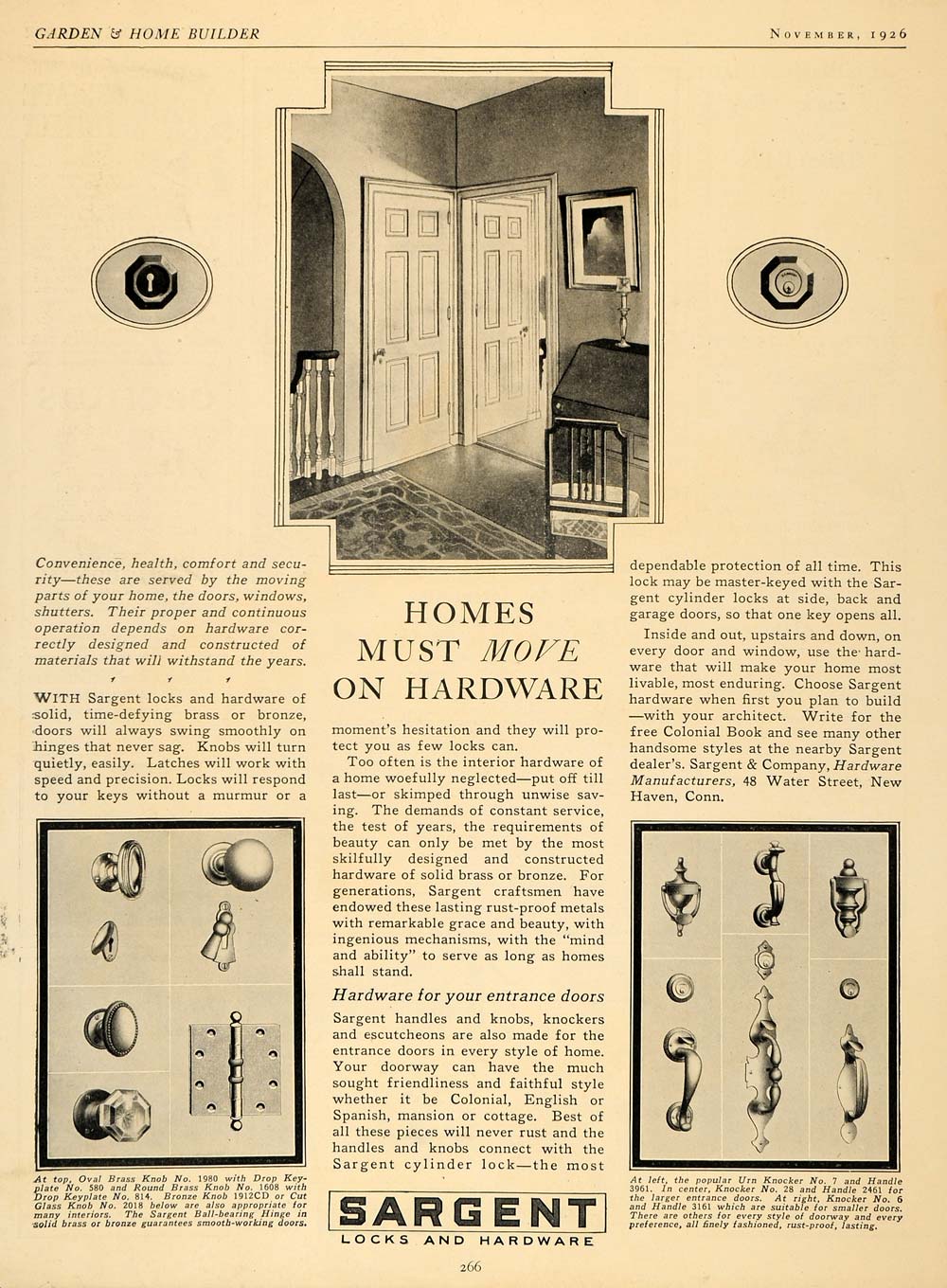1926 Ad Sargent Locks Door Hardware Manufacturers Decor - ORIGINAL GHB1