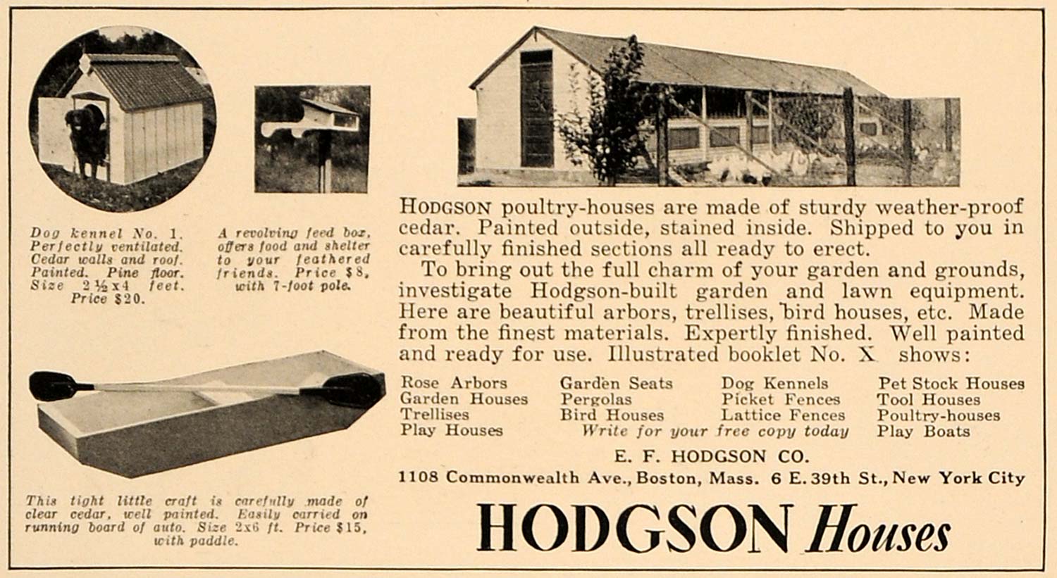 1928 Ad E F Hodgson Poultry Houses Pine Boat Dog Kennel - ORIGINAL GHB1