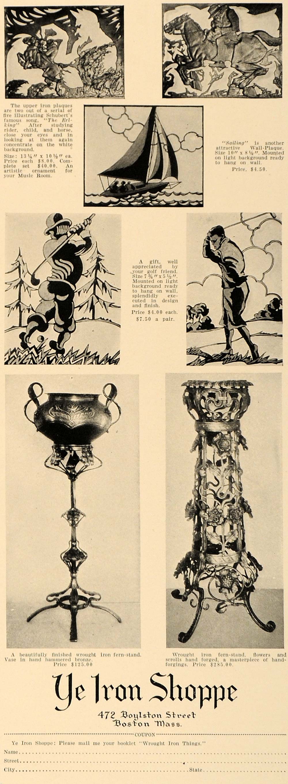 1928 Ad Ye Iron Shoppe Fern Stand Vase Golf Art Plaque - ORIGINAL GHB1