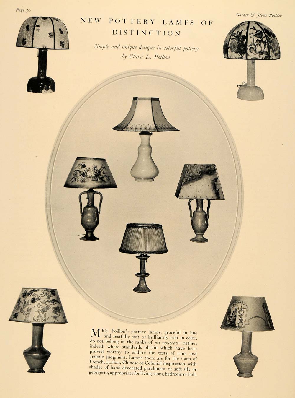 1928 Print Pottery Lamps Clara L. Poillon Home Decor - ORIGINAL HISTORIC GHB1