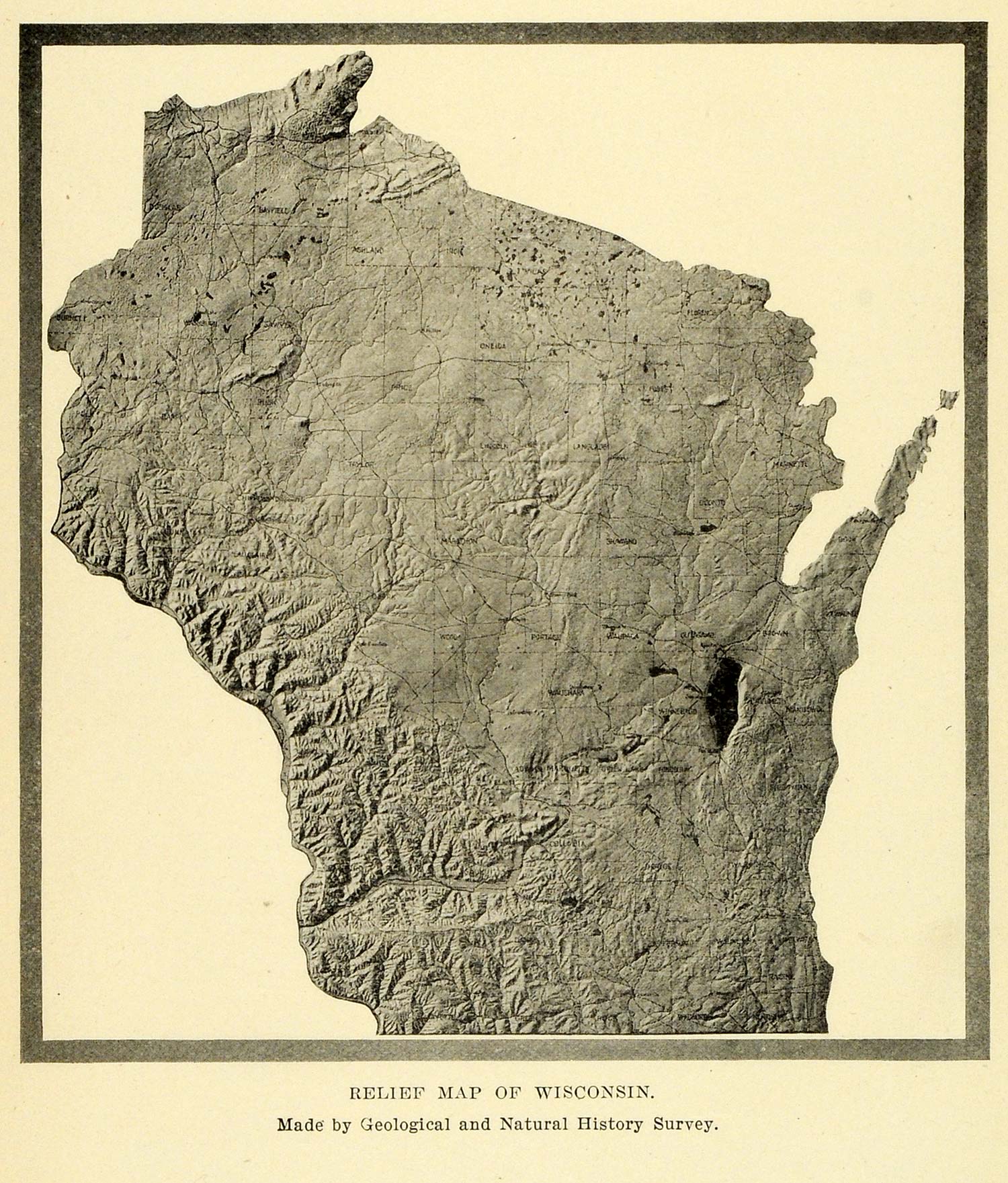 1913 Print Wisconsin Relief Map Geologic Natural History Topography Cartography