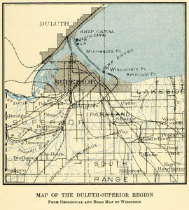 1913 Print Duluth Superior Northern Wisconsin Map Geographical Cartography