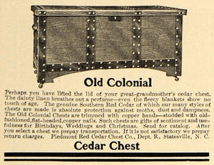 1908 Ad Old Colonial Southern Red Cedar Chest Piedmont - ORIGINAL GM1