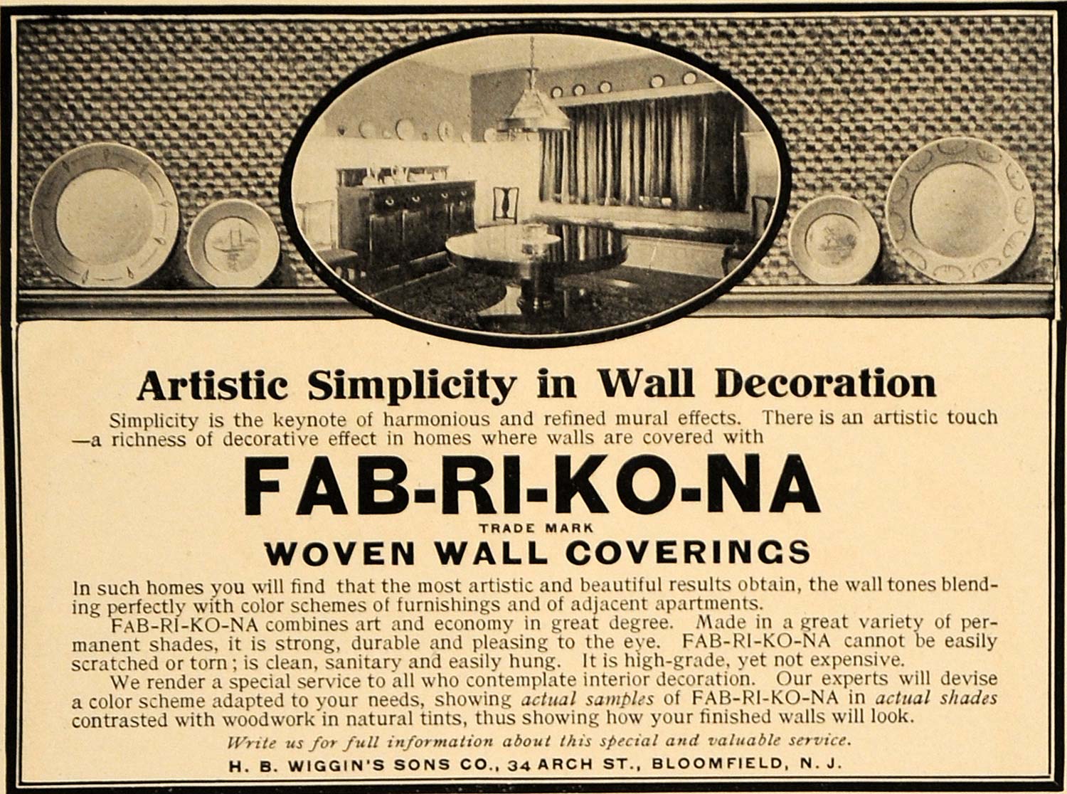 1907 Ad H. B. Wiggin's Sons Company Bloomfield Jersey Fabrikona Wall Cover GM1