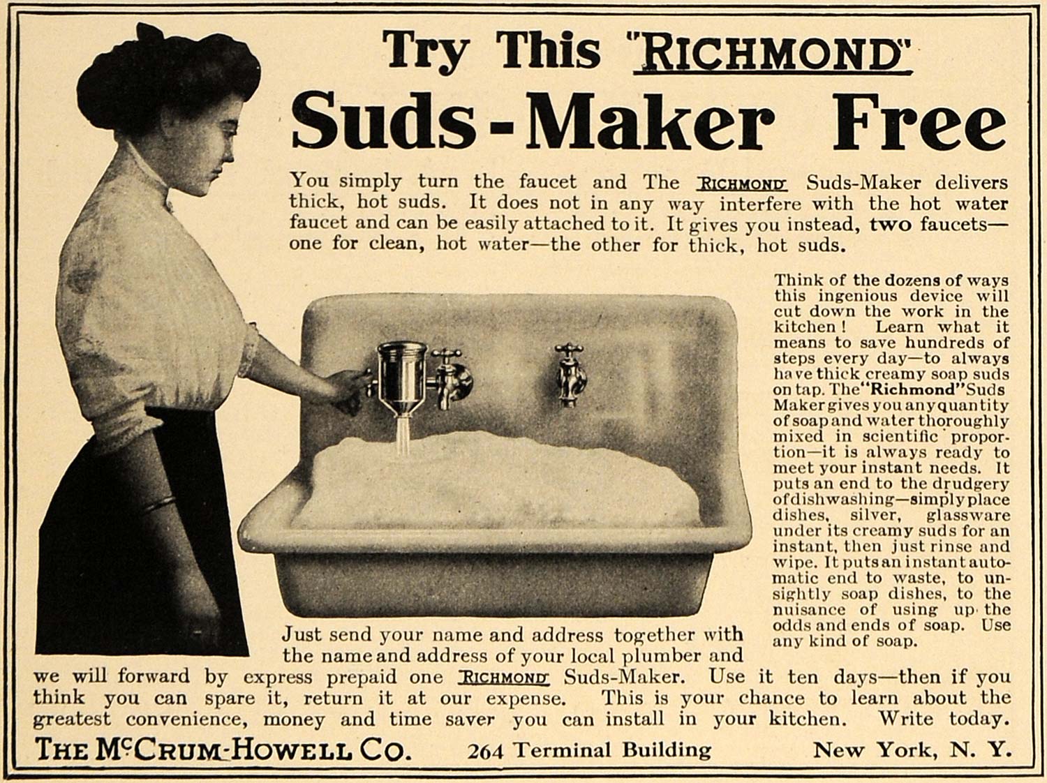 1910 Ad McCrum-Howell Co. Suds-Maker Sink Faucets - ORIGINAL ADVERTISING GM1