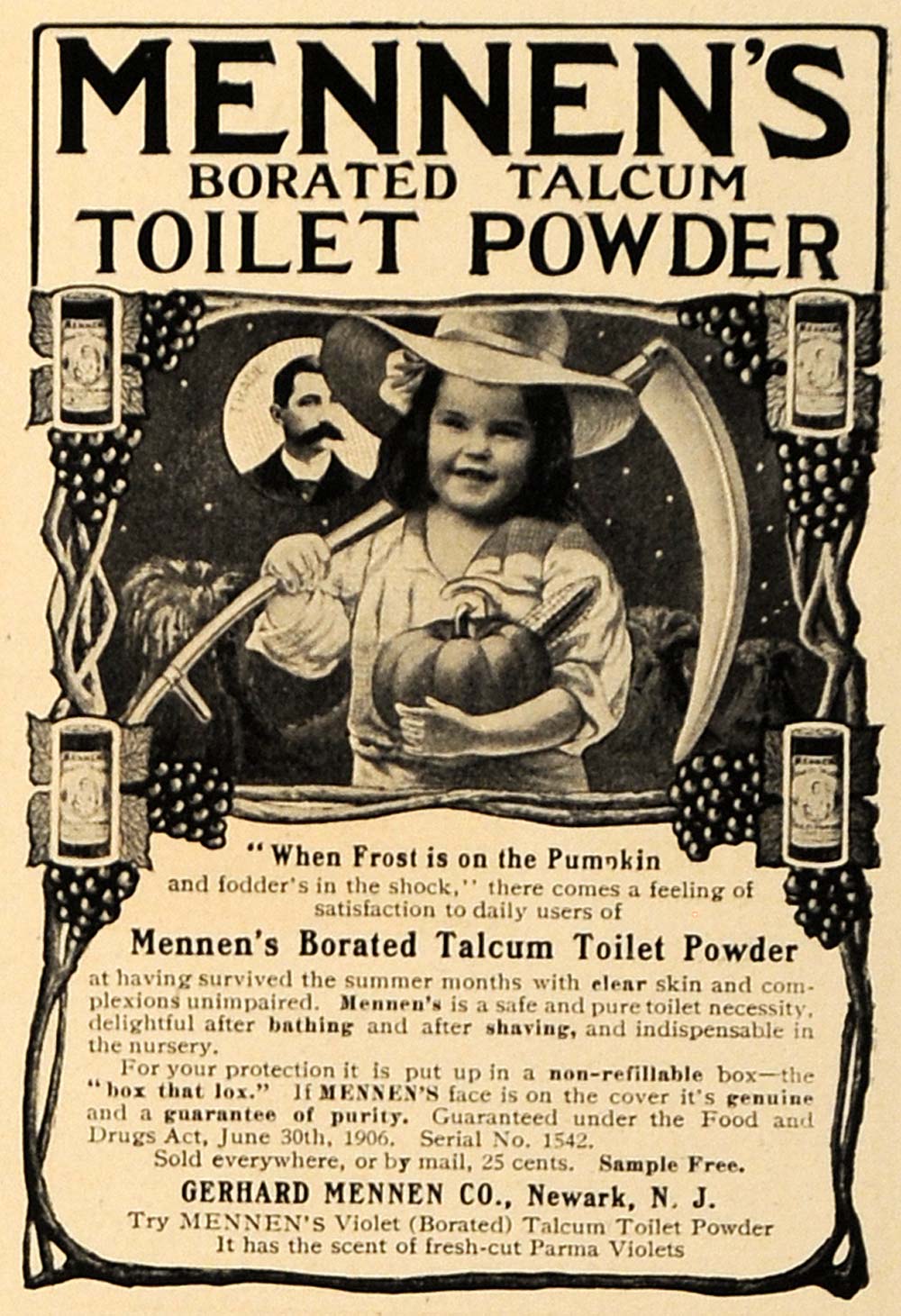 1907 Ad Mennen's Borated Talcum Powder Pumpkin Ax Girl - ORIGINAL GM1