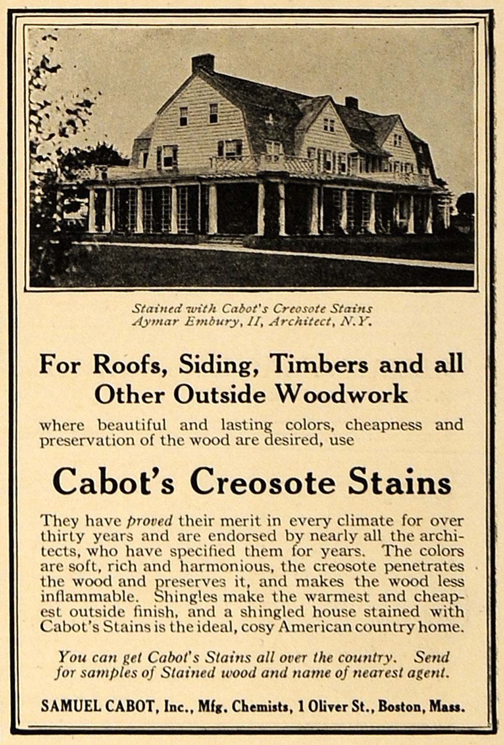 1916 Ad Samuel Cabot's Creosote Stains Coating Home - ORIGINAL ADVERTISING GM1