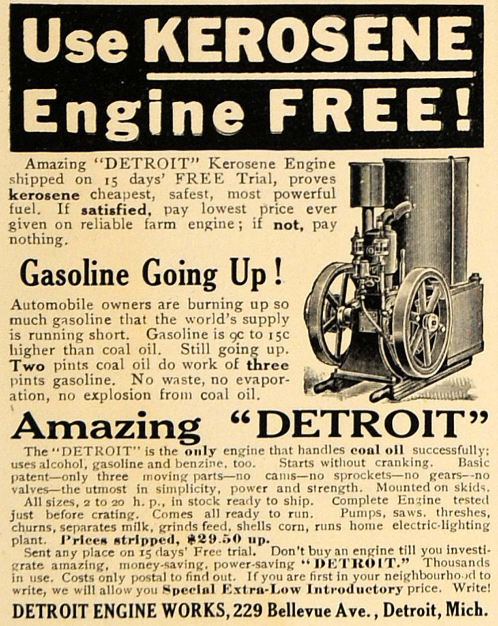 1911 Ad Detroit Engine Works Kerosene Engine Vintage - ORIGINAL ADVERTISING GM1