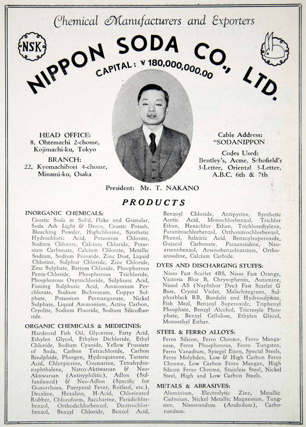 1940 Ad Nippon Soda Company Tokyo Chemicals Medicines T. Nakano Japane –  Period Paper Historic Art LLC