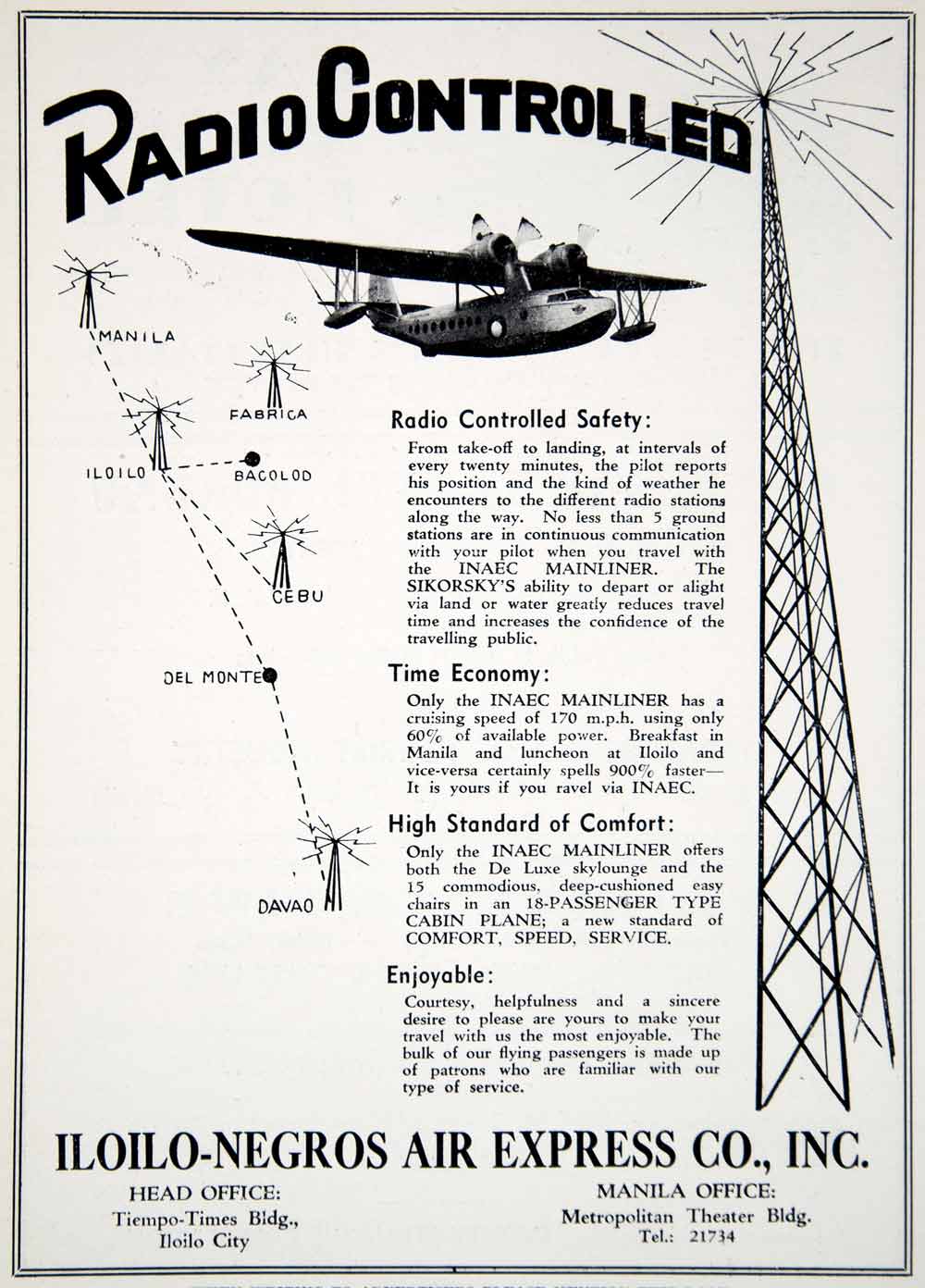 1940 Ad Iloilo-Negros Air Express Co. INAEC Philippines Commercial Airline GOE1