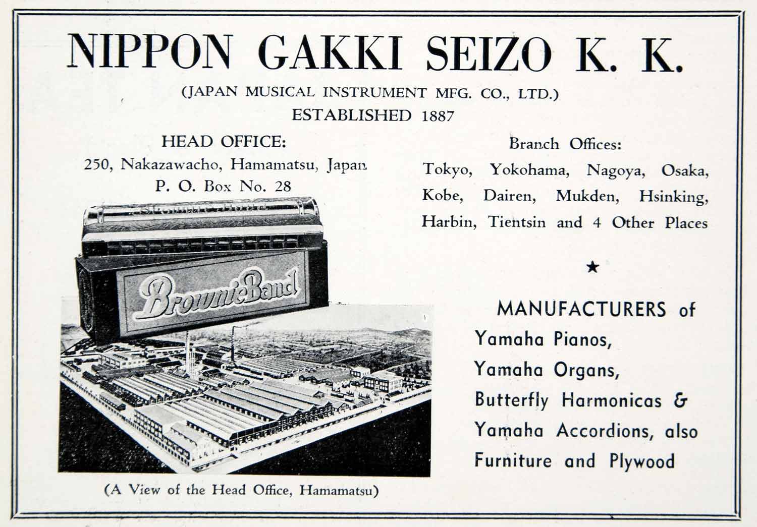 1940 Ad Nippon Gakki Seizo Yamaha Pianos Musical Instruments Japan Factory GOE1