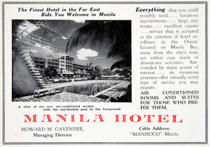 1940 Ad Vintage Manila Hotel Philippines Swimming Pool Howard M. Cavender GOE1
