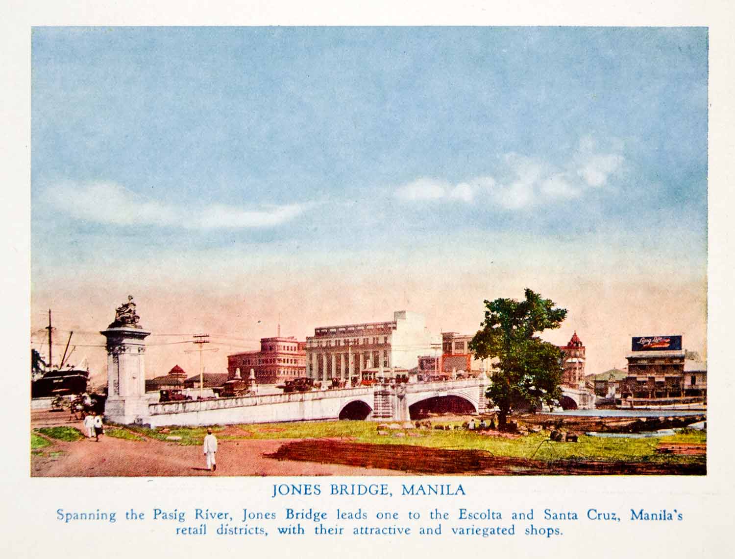 1940 Color Print Jones Bridge Pasig River Manila Philippines Historic View GOE1