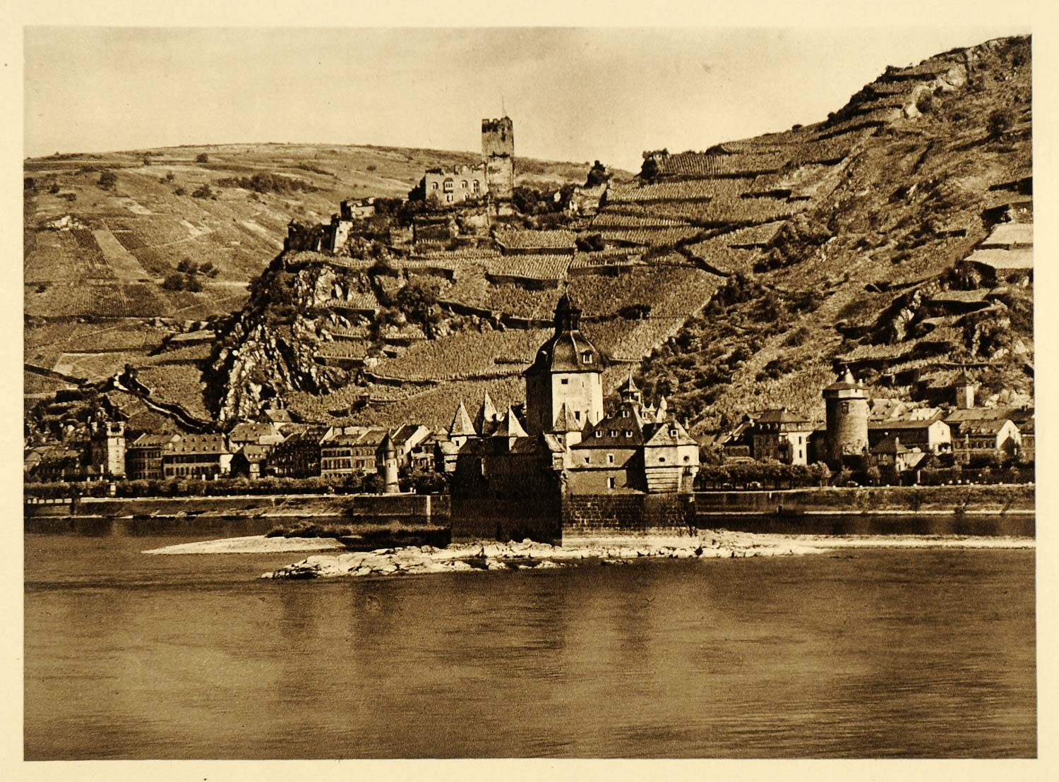 1924 Germany Kaub Pfalz Toll Castle Rhine River Burg - ORIGINAL PHOTOGRAVURE GR3