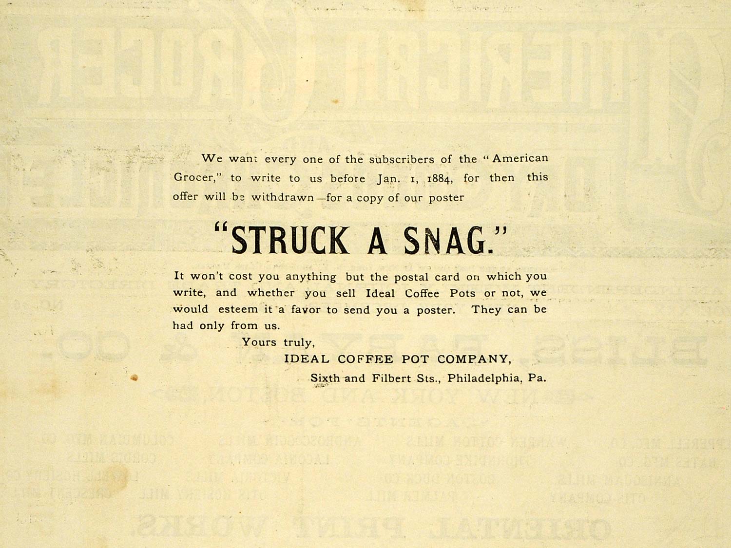 1883 Ad Ideal Coffee Pot Grocer Philadelphia Appliance - ORIGINAL GROC1
