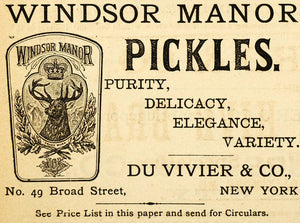 1883 Ad Windsor Manor Pickles Du Vivier Deer Food Crown - ORIGINAL GROC1