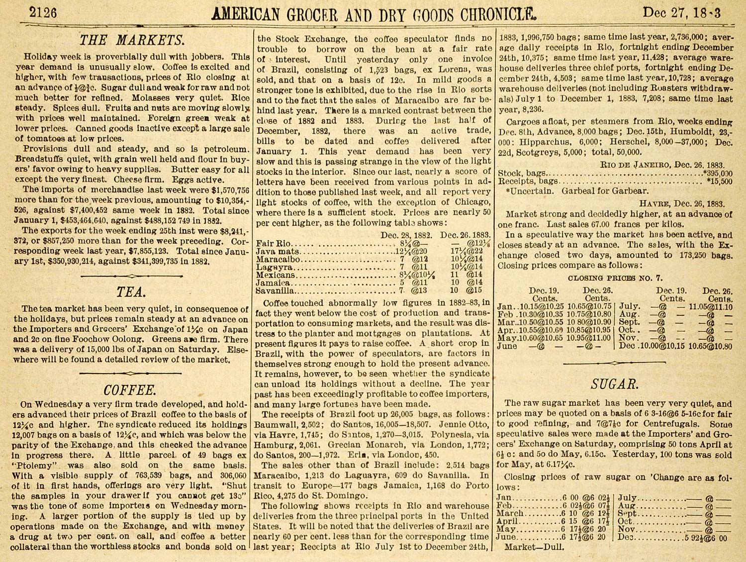 1883 Article Tea Market Coffee Sugar Rio de Janeiro - ORIGINAL GROC1