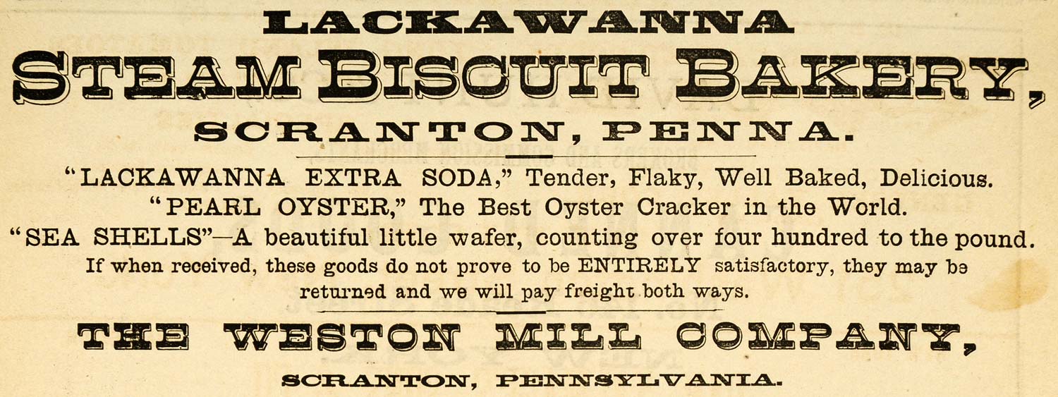 1883 Ad Lackawanna Steam Biscuit Bakery Scranton Oyster - ORIGINAL GROC1