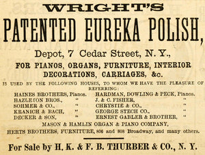 1883 Ad Wright's Eureka Polish Thurber Piano Furniture - ORIGINAL GROC1
