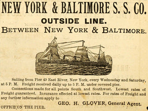 1883 Ad New York Baltimore George Glover Freight River - ORIGINAL GROC1