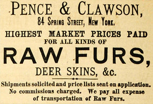 1883 Ad Raw Fur Deer Skin Pence Clawson Animal Clothing - ORIGINAL GROC1
