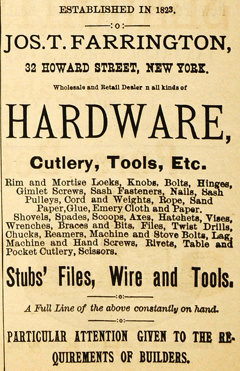 1883 Ad Joshua Farrington Hardware Cutlery Tools Wire - ORIGINAL GROC1