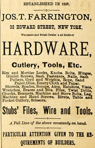 1883 Ad Joshua Farrington Hardware Cutlery Tools Wire - ORIGINAL GROC1