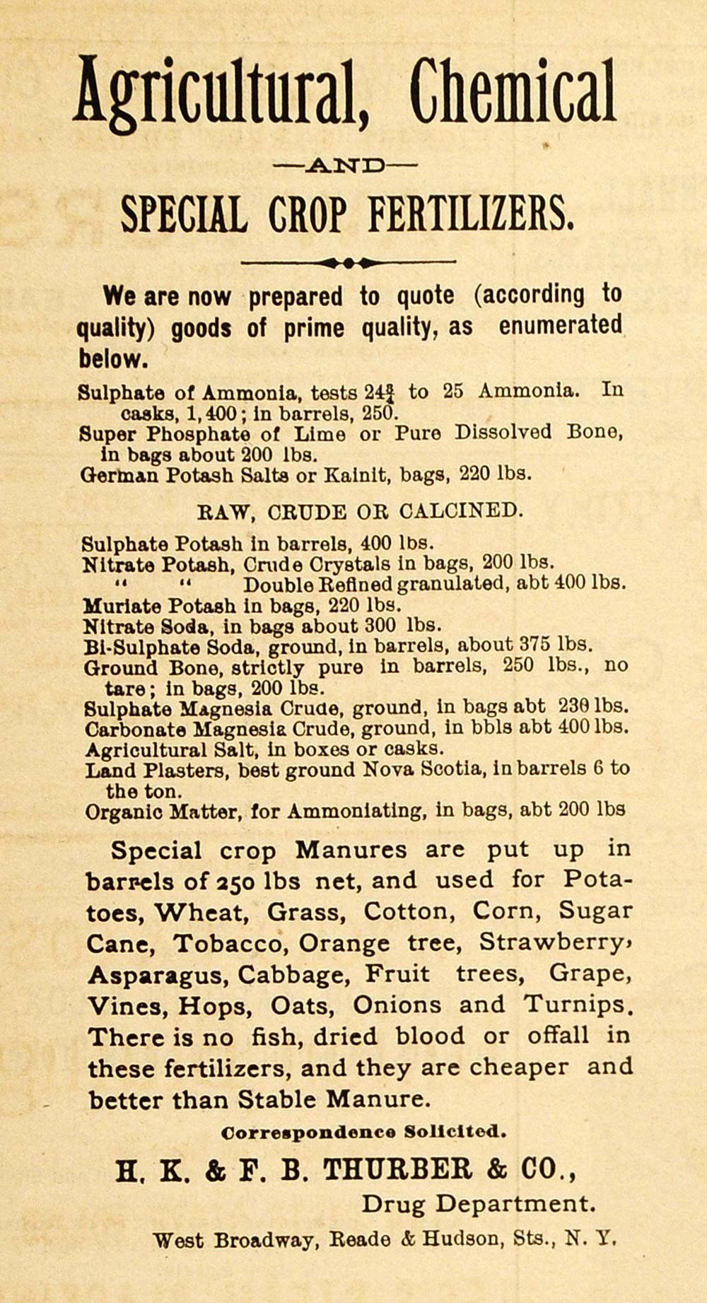 1883 Ad Agriculture Chemical Crop Fertilizer Thurber - ORIGINAL GROC1