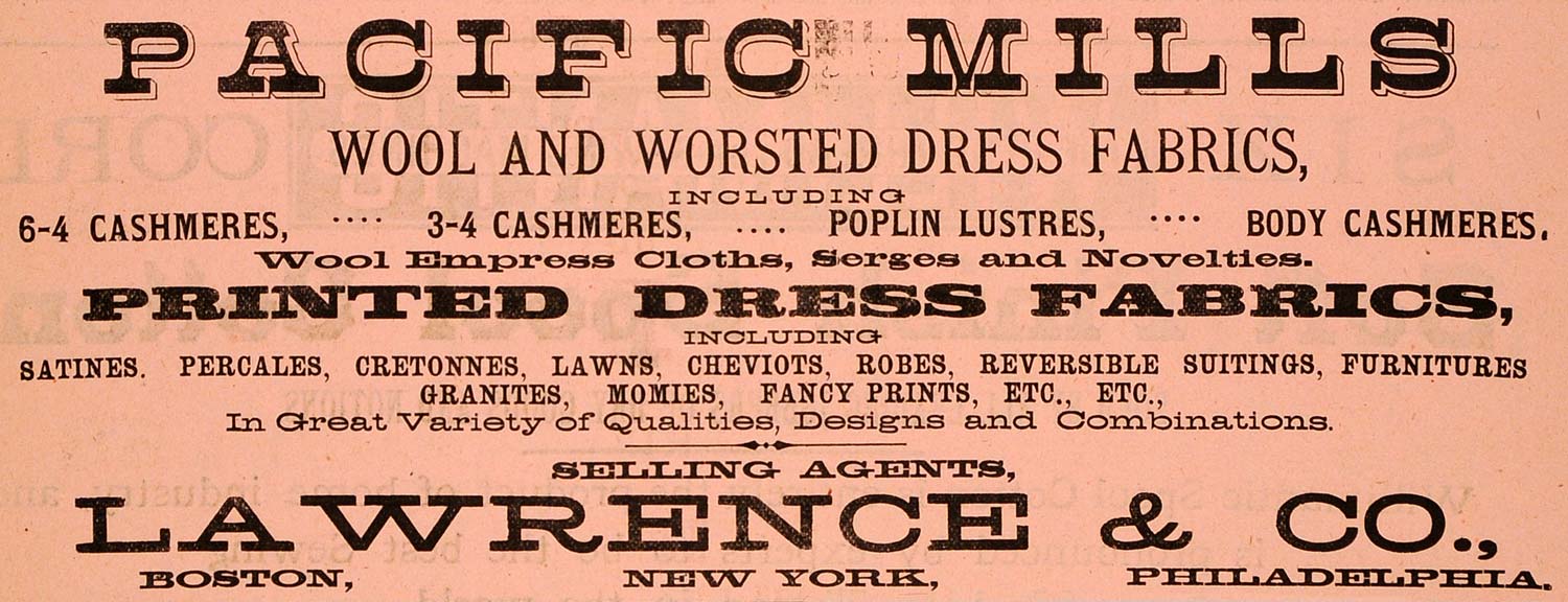 1883 Ad Pacific Mills Dress Fabric Lawrence Satine Robe - ORIGINAL GROC1