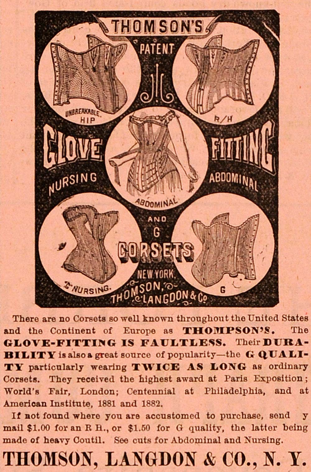 1883 Ad Thomson Langdon Corset Glove Paris Exposition - ORIGINAL GROC1