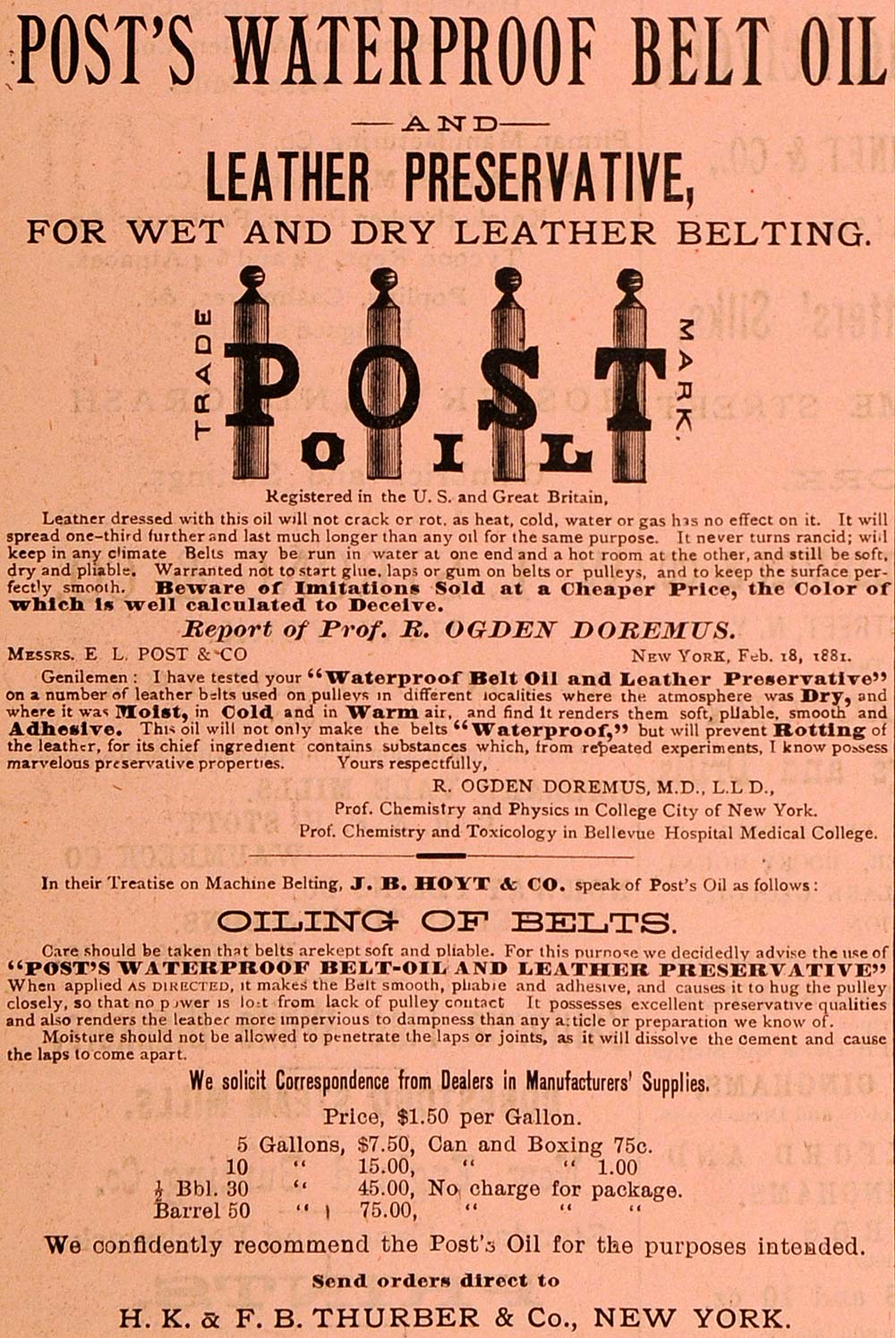 1883 Ad Post's Belt Thurber Hoyt Leather Ogden Doremus - ORIGINAL GROC1